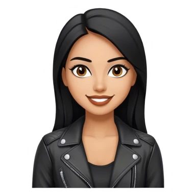 beautiful fit woman, with long straight black hair, with make up, black eye liner, smile mooth close, mexican, brown skin, wearing casual outfit and leather black jacket, flirting sticker