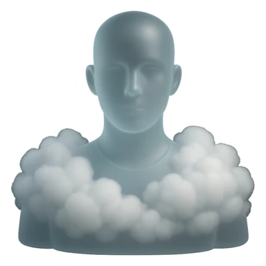 person looking straight ahead, shoulders filled with puffy white fluffy clouds, matte glass style sticker