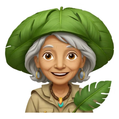 a old woman explorer with jungle wearing a large leaf headgear bye  sticker