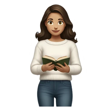 brunette girl in a white sweater is reading a book in her hands sticker