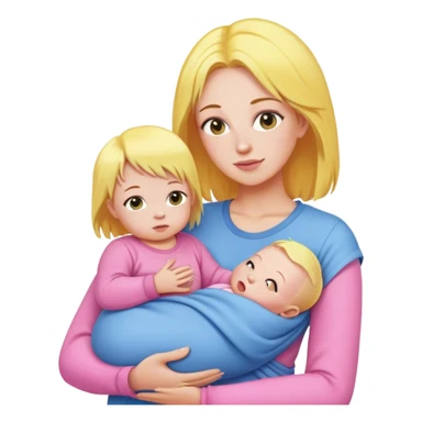 Mother with yellow hair and pink clothes, holding baby in blue clothes sticker