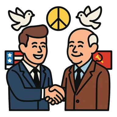 John F. Kennedy and Mikhail Gorbachev side by side, smiling, shaking hands, small peace symbol and doves, US and USSR flags as accents, friendly diplomatic atmosphere sticker
