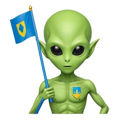 Green alien with Ukraine flag sticker