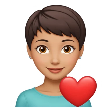woman pixie cut dark brown hair, tan skin, brown oval eyes, heart shaped face sticker
