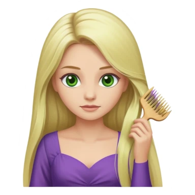 blonde woman with swamp green eyes, soft purple dress, combing her long hair, iOS emoji style sticker
