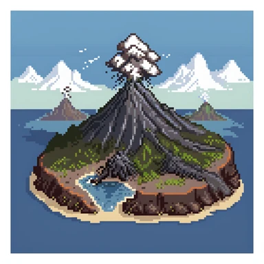 Volcanic island with multiple erupting peaks and ash clouds sticker