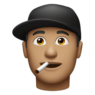 A person smokes, his skin color is white, and he wears a black cap sticker