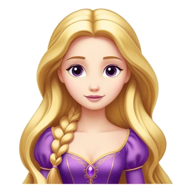 Cinematic Majestic Rapunzel Portrait Emoji, rendered in a clean, vector-style with bold, simplified shapes. Show Rapunzel with a serene, graceful expression, luminous fair skin, and elegantly styled long golden hair, accented by her classic purple gown. The design radiates a majestic, dreamlike glow with high shine and a soft glowing outline, embodying regal beauty. sticker