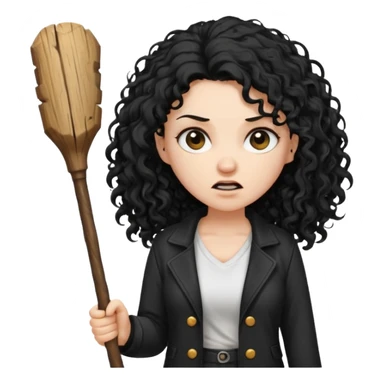Hey, please generate me an emoji that depicts a woman white skin long black curly disheveled hair slightly thicker, she is wearing a white T-shirt and a black unbuttoned jacket she is furious she is holding a large stick sticker