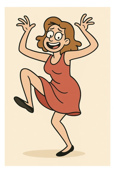 woman in a red dress dancing poorly, exaggerated pose, cheerful, clean background sticker