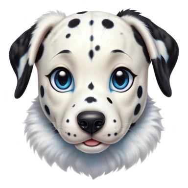 Cinematic Cute Harlequin Dalmatian Portrait Emoji, Head tilted playfully and inquisitively, featuring a glossy Fur of predominantly white with dynamic black patches, round, sparkling blue eyes filled with gentle curiosity, Simplified yet irresistibly adorable features, highly detailed, glowing with a warm, friendly glow, high shine, affectionate and gentle, stylized with a touch of whimsy, bright and endearing, soft glowing outline, capturing the essence of a mischievous yet loving pup, so playful it feels like it could lumber out of the screen and into your arms! sticker