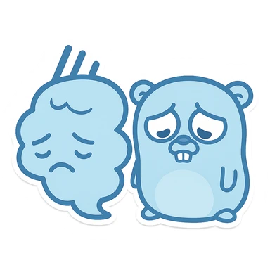 Traefik logo and Go gopher drooping, blue tones, sadness conveyed, cartoon style sticker