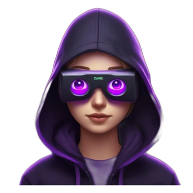 Russian student in the black hoody with violet letters "OMG" on it, wearing vr headset. Cyberpunk style. Violet neon. sticker