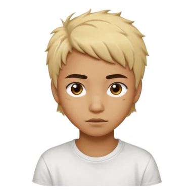 caramel skin color. Teen age. Short buzz, messy blonde hair, dark brown bushy eyebrows large expressive golden-brown eyes, brown skin color, scar over nose, wearing a plain white t-shirt. sticker