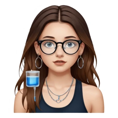 White girl with long brown hair, part going more to the RIGHT side, BLUE eyes, wearing BLACK plastic frame glasses that go from black to CLEAR ombré from top to bottom. SEPTUM nose piercing hoop, AND stud nose piercing on right side of nose. Wearing BLACK tank top. Wearing big hoop earrings  sticker