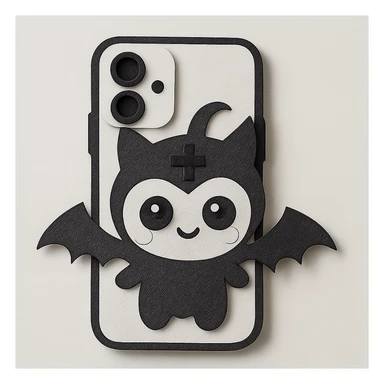 Change the color scheme to white and black, gothic kawaii phone case, big eyes, smiling, playful, cartoonish, gothic symbols, paper craft style, no background. sticker