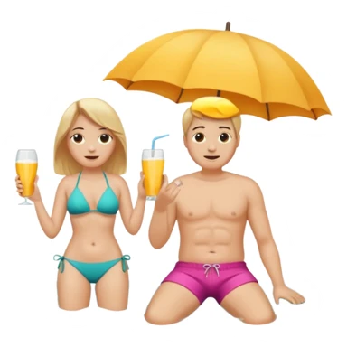 Ein Emoji, 2 personen am Strand: die Frau sehr schlank mit mittellangem, blondem Haar im Bikini, der Mann mit dickem Bauchz in Badeshorts. Beide sind im Ruhestand und liegen entspannt in Liegestühlen, um sich vom Stress des Rentnerlebens zu erholen mit sonnenschirm sticker