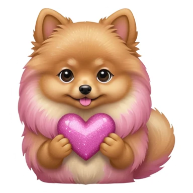 A Tan Pomeranian holding a pink glitter heart  sticker