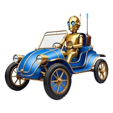  tarnished blue neon underglow C-3PO ghost buster 1964 delicately ornate rosegold wood accents painted Model-T dune buggy buckboard powered by electric motors and batteries with racing safety belts while flying rapidly roughening terrain stable on strong agile advanced suspension and steering sticker