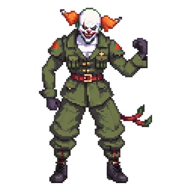 evil clown soldier, bald, short black devil horns on forehead, fangs, pointed ears, black and military green clothes with bellbottom pants, realistically proportioned, less bulky, full body, fighting stance sticker