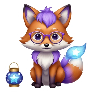 a small magical fox with shimmering purple and blue fur, a glowing fluffy tail, a silver star on its forehead, round glasses, and a tiny lantern. 😂 sticker