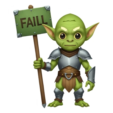 A glgreen colored goblin clad in armor holding a wooden sign that reads "Fail". sticker