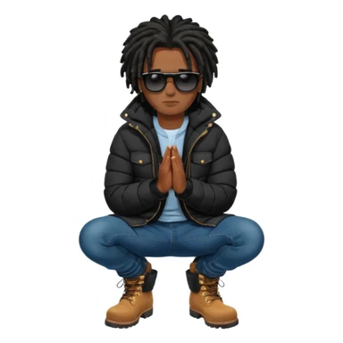 African American man brown skin complexion with black dreadlocks shoulder length wearing black bubble winter coat wearing black sunglasses with denim skinny jeans and timberland boots kneeling on one knee in prayer sticker