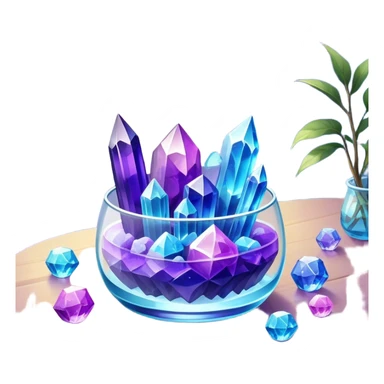Close-up of vibrant crystals growing in a glass container on a table, with various colors like purple, blue, and clear. Some crystals are larger, while others are still forming. Soft light highlights their natural beauty. Background with a cozy indoor setting. sticker
