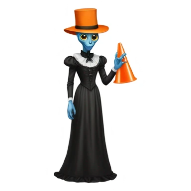 alien galora in Victorian dress elegant, full body, holding traffic cone sticker