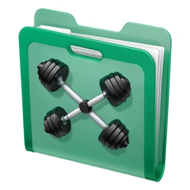 A translucent green plastic folder with rounded corners, elastic string and button closure, clean minimal look, and a dumbbell/gym symbol on the front. sticker
