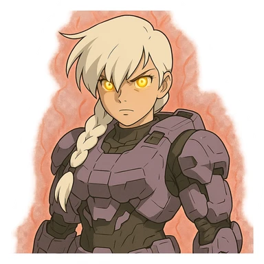 female, wearing reach spartan armor shoulder-unequip, long white braid hair with massive messy front side single bangs, gold yellow eyes, attention pose, D-cup size, HALO:series, no helmet, the armor is lavender color scheme, eyes glowing, demon eye, gleam, rage aura, body steaming sticker