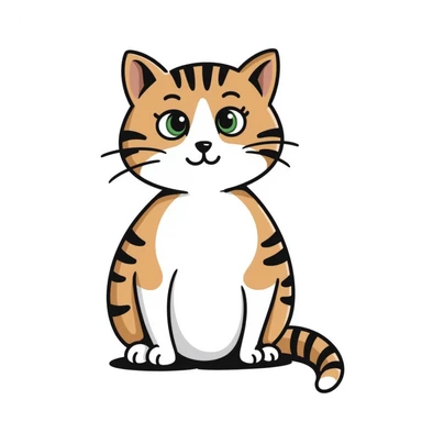 Brown, white, and black tabby cat with green eyes sitting to show its white belly, hand-drawn style sticker
