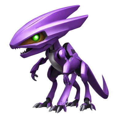 a purple-green Genesect-Raptor-Fakémon—hybrid with a futuristic visor-helmet full body sticker
