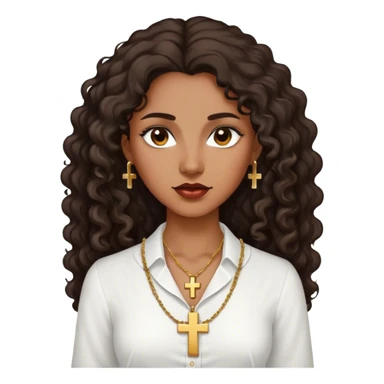 Dark Brown woman with dark curly long hair white dress shirt with gold small cross necklace no earrings sticker