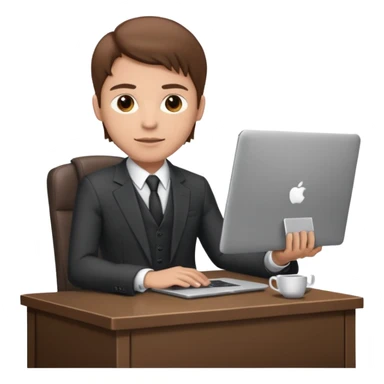 Mach mir einen Trader der in einem Schreibtischstuhl sitzt mit einem Laptop. vor sich am tisch. Aber er soll alleine sein. Mach ihn mit anzug und braunen haaren sticker