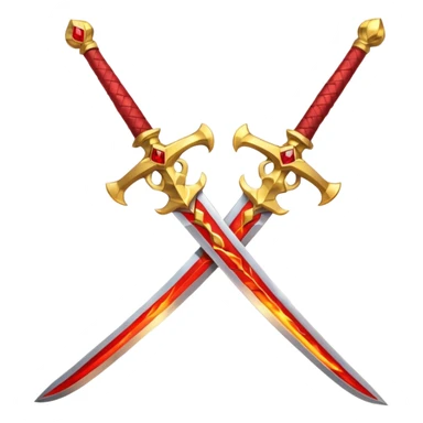 Two crossed swords that are golden in blade and handle and have fiery and royal appearence to them as well as red gem stones yellow in color sticker