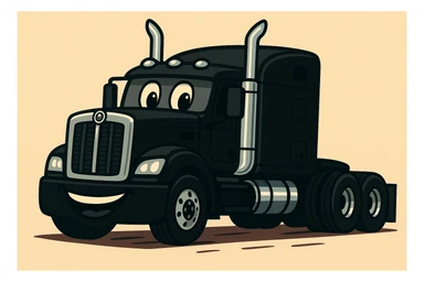 Change the truck color to black, keep the cartoon style with chrome stacks, cheerful and dynamic. sticker