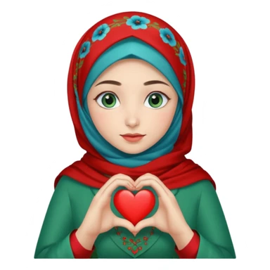 Turkish beautiful finish Konya girl blue eyes with poppy floral hijab and green red dress and she make heart with hands sticker