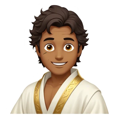 Cinematic Realistic Hercules Portrait, head tilted dramatically with an exaggeratedly amused expression, featuring expressive eyes and a hint of a roguish smile. His bronze, marble-like skin and thick, wavy dark hair, rendered with classical artistry, complement his flowing white robe adorned with delicate golden accents, all brought to life with dynamic natural lighting that captures a rare, playful moment from an enduring legend. sticker