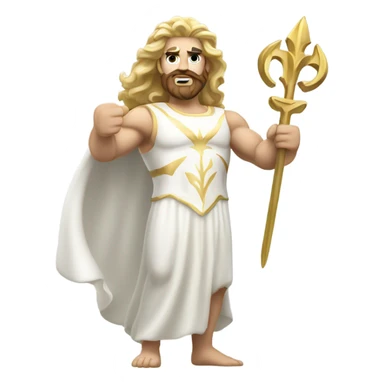 white Poseidon with gold Trident. long hair white dress. show biceps sticker