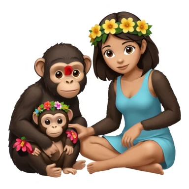 un chiomapnze sentado en el suelo al lado de una mujer sticker