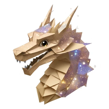 Sparkling patterned Beige Origami dragon with a dried flower crown made of newspapers intricate patterns surrounded by fairy lights nebula galaxy stars swirls iridescent holographic  sticker