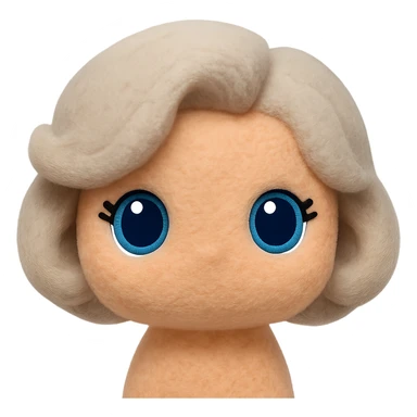 Remove any neck or body, make the blue eyes more vibrant and lively, keep soft fleece texture, pure silver grey hair styled in a 1940s bob, cute plush-style eyelashes, no mouth, no white border, transparent background. Maintain a cute plush style with soft fleece texture and vibrant blue eyes. sticker