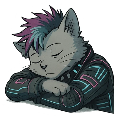  a anthro cat laying down his head to nap, punk gothic style, futuristic cyberwave cyberpunk, resting his head on his arms, head tilted sideways, light gray cata sticker