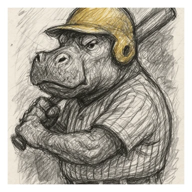 hippo holding a baseball bat, wearing a yellow helmet, pinstripes outfit sticker