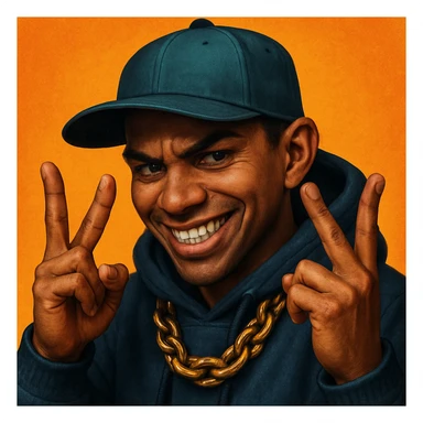Make this character look more realistic, keeping the devious expression and YVL hand sign on both hands, urban street style, detailed shading, lifelike features. Maintain the original style's essence but enhance realism and detail. sticker
