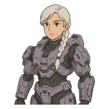 female, wearing reach spartan armor default, long white braid hair, gold yellow eyes, attention pose, halo series, no helmet, the armor is lavender color scheme and has no shoulder pad attachments sticker