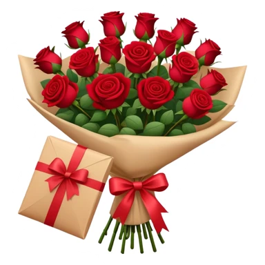 Bouquet of red roses in a burgundy package sticker