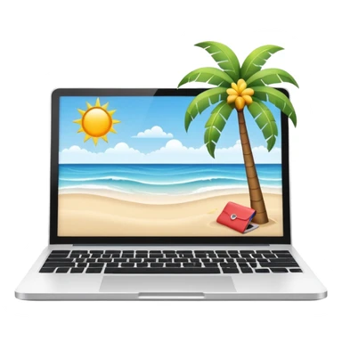 A minimalist emoji-style icon representing workation: An open laptop in the foreground on the beach. Background shows sea, sun, and a palm tree. No people, no text, clean and simple design like an emoji. sticker