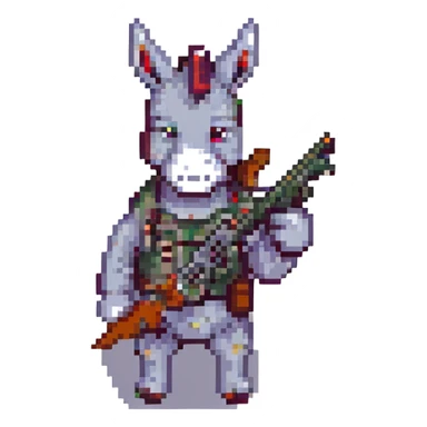 donkey shooting a gun, pixel art style sticker